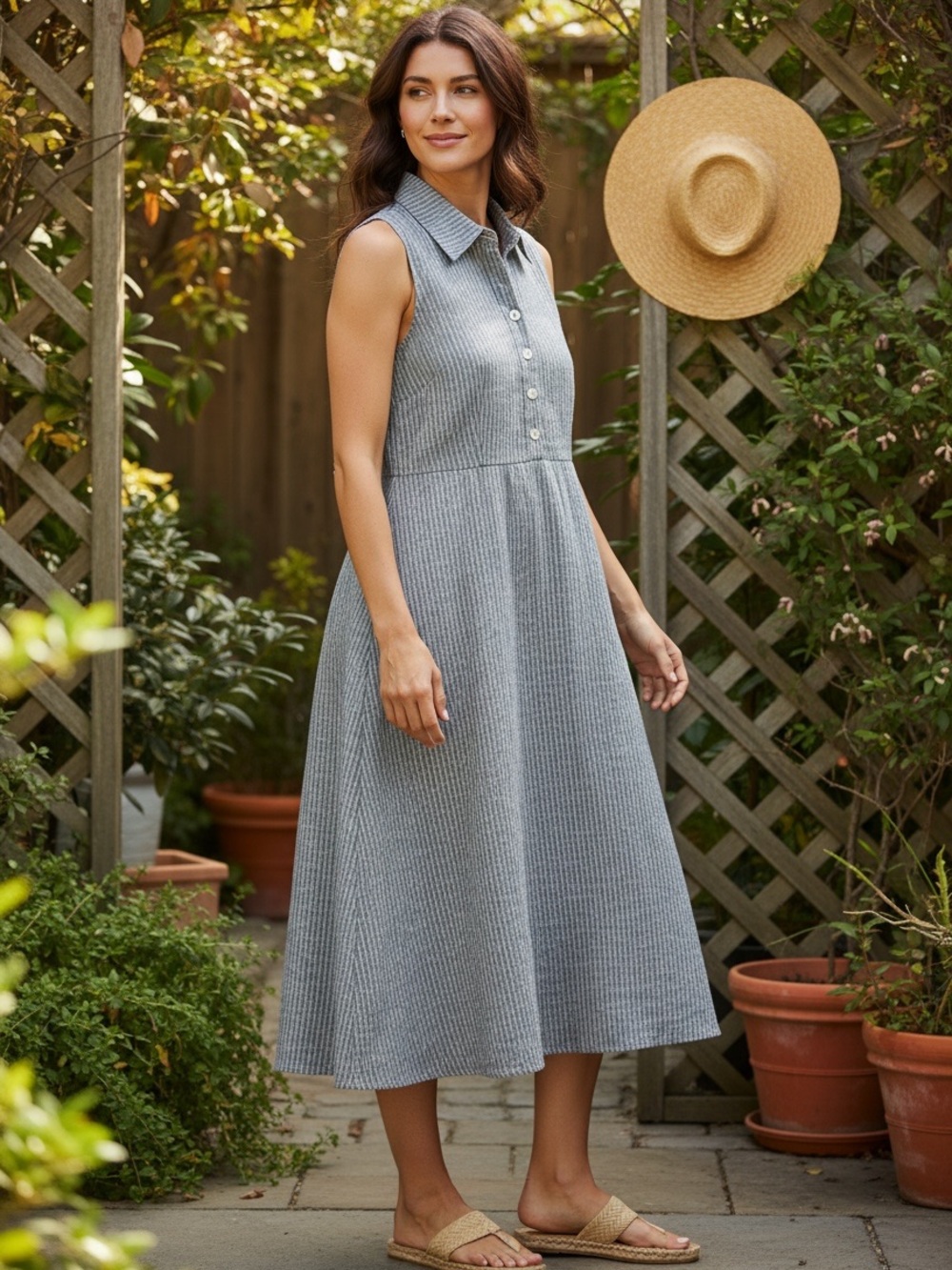 Goddess Gear Sleeveless Midi Dress Sz L Grey Hemp Cotton Casual Summer Vacation